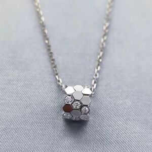 Sterling Silver Hexagon Honeycomb Pendant Necklace with White Stones